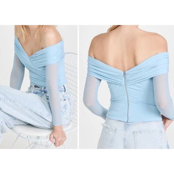 Self Portrait Blue Off The Shoulder Cold Shoulder Sheer Sleeve Top Size 6 - Picture 2 of 10